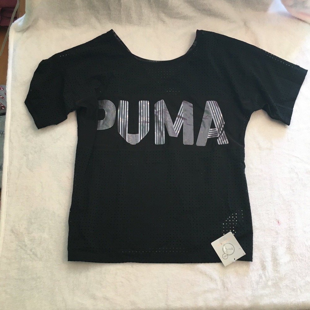 Puma Big Cat Drapey Tee Womens Size M Black New Perforated Mesh Logo 517117 01